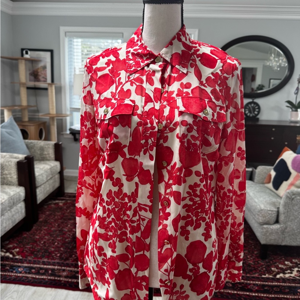 Tory Burch Red and White Floral Blouse